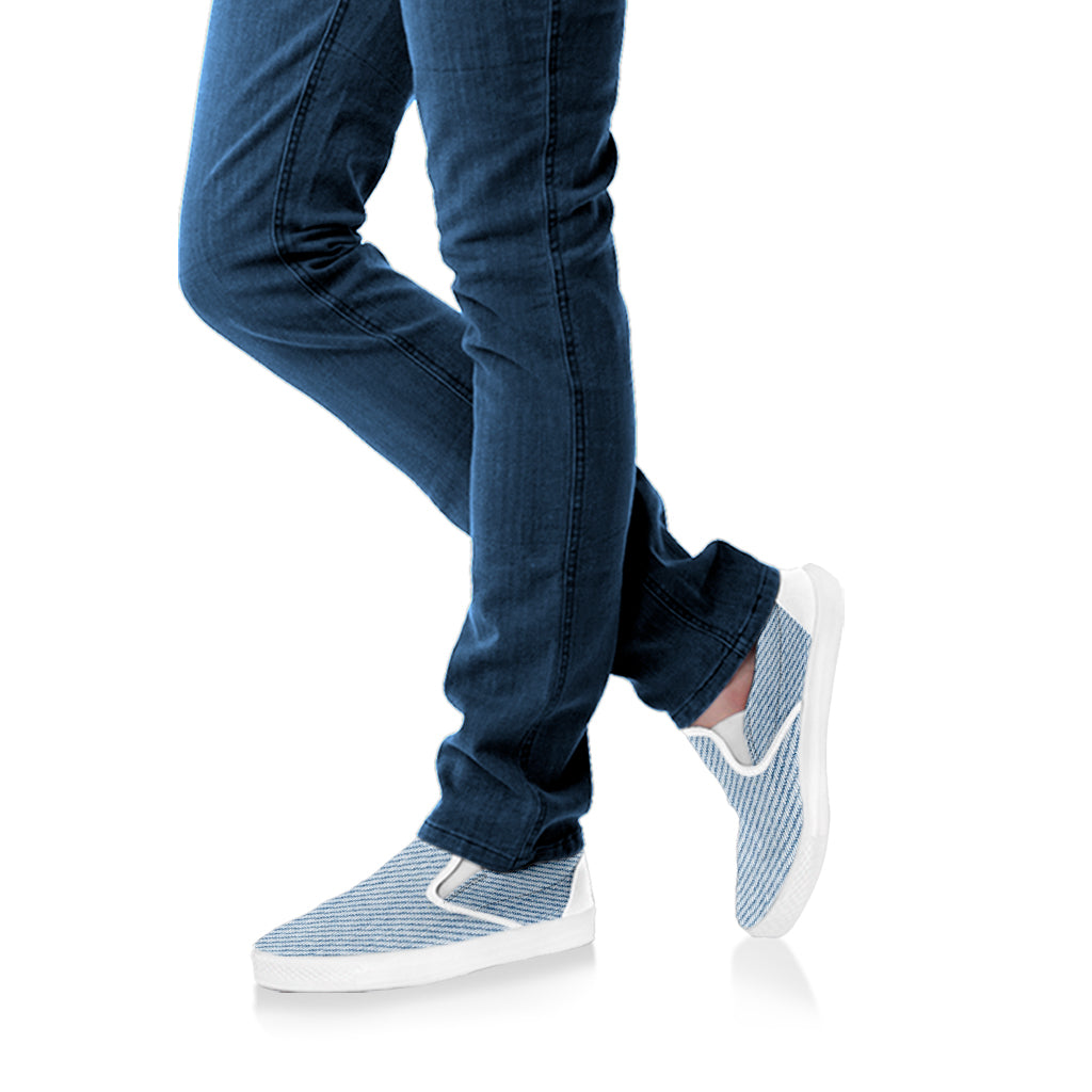 Light Blue Denim Jeans Print White Slip On Shoes