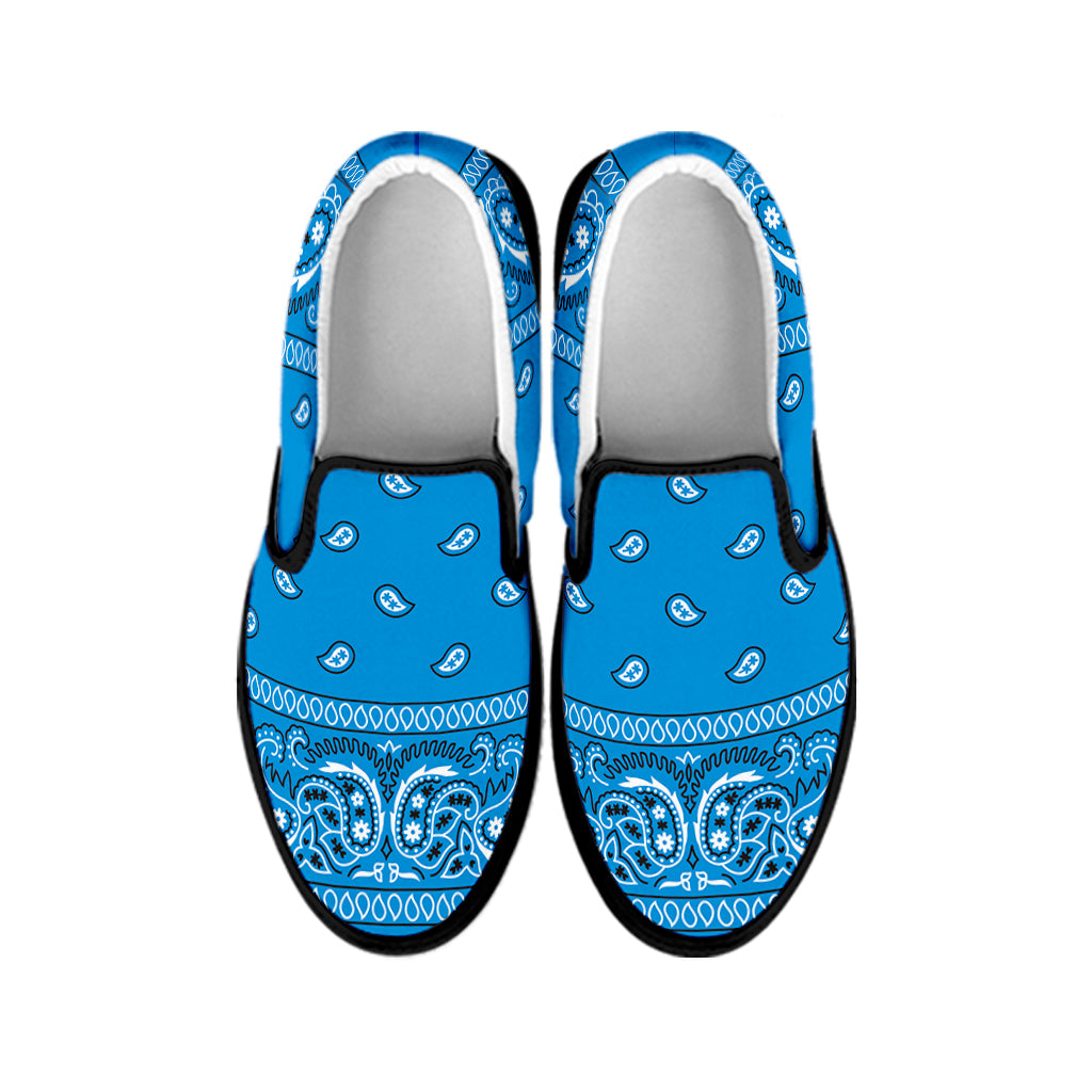 Light Blue Paisley Bandana Print Black Slip On Shoes