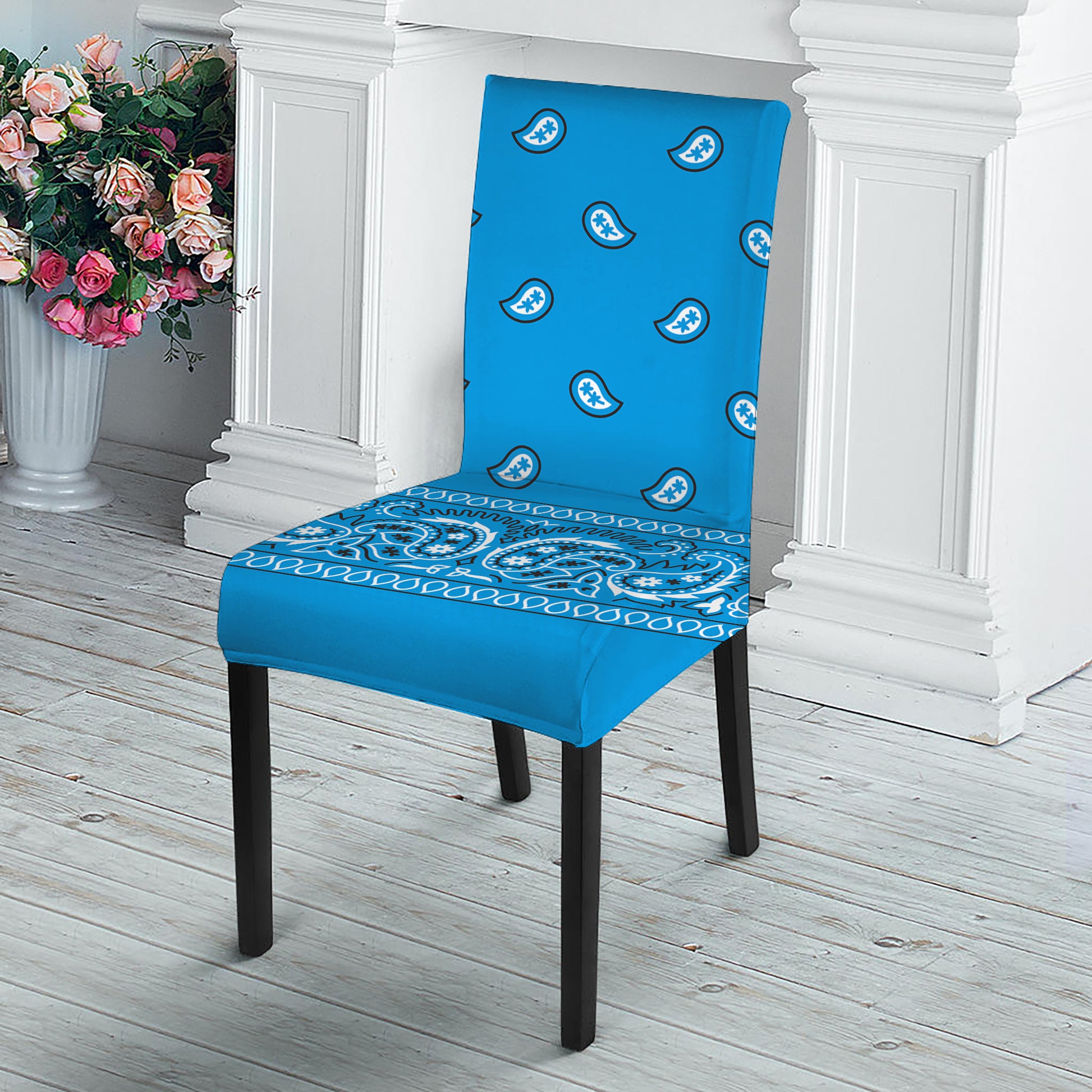 Light Blue Paisley Bandana Print Dining Chair Slipcover