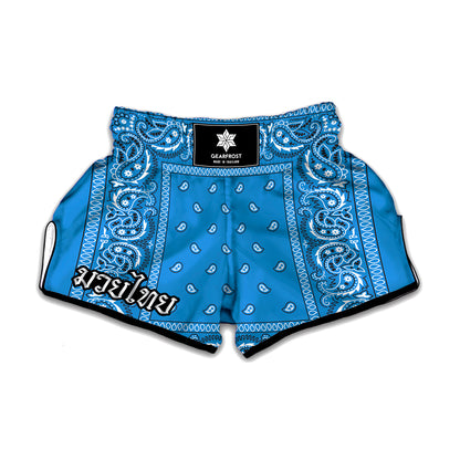 Light Blue Paisley Bandana Print Muay Thai Boxing Shorts