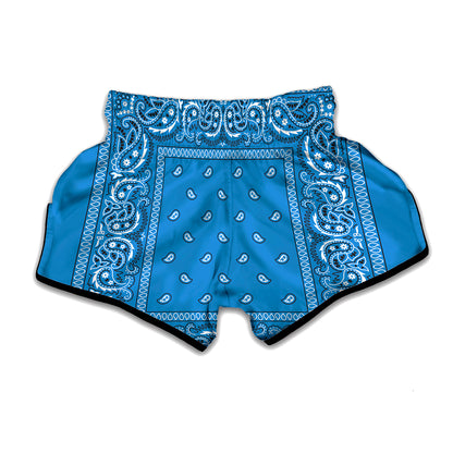 Light Blue Paisley Bandana Print Muay Thai Boxing Shorts