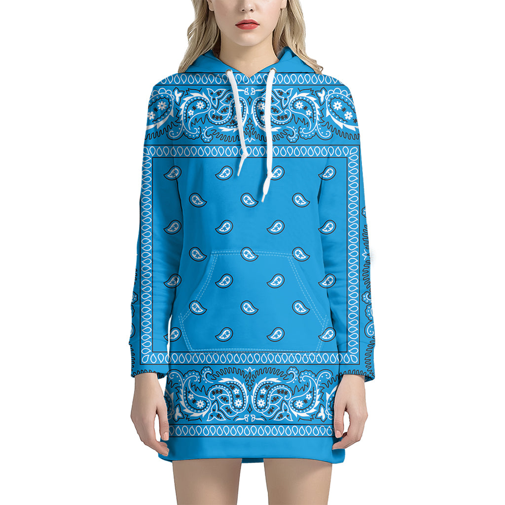 Light Blue Paisley Bandana Print Pullover Hoodie Dress