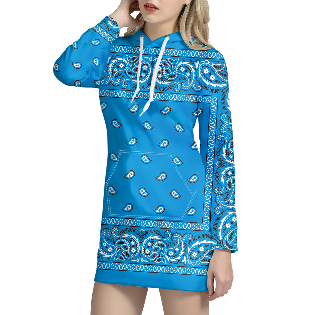 Light Blue Paisley Bandana Print Pullover Hoodie Dress