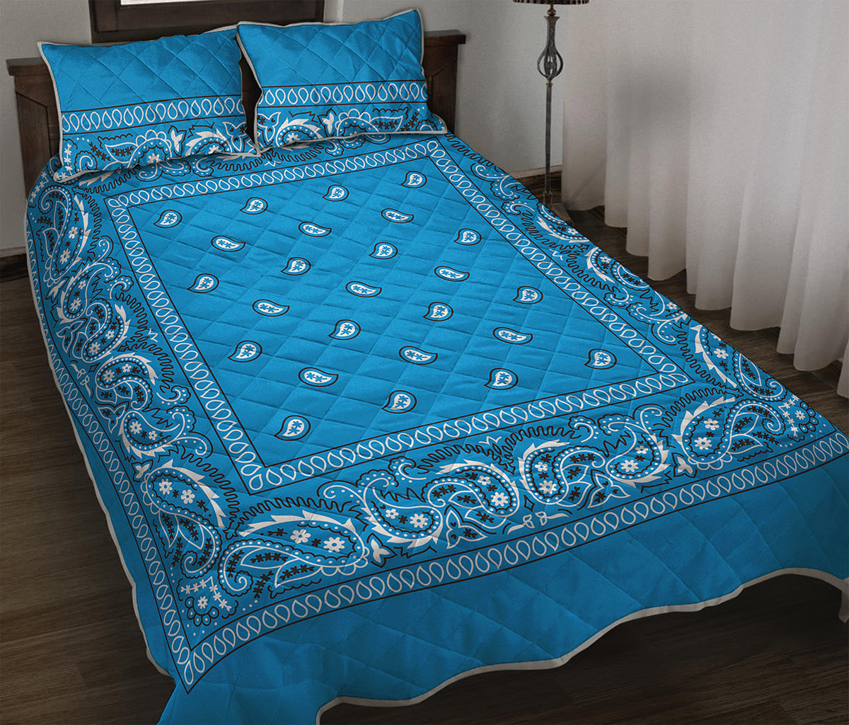 Light Blue Paisley Bandana Print Quilt Bed Set