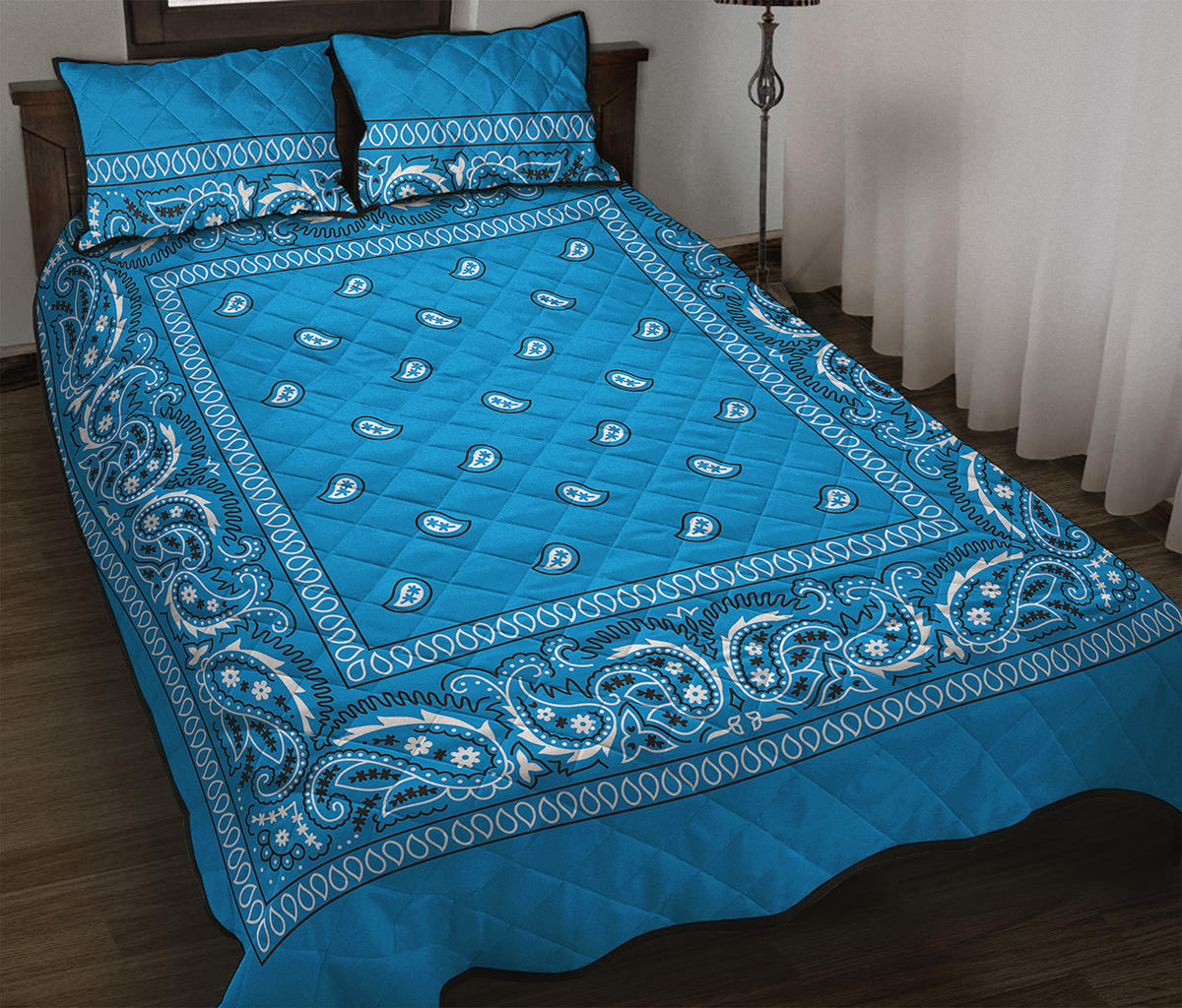 Light Blue Paisley Bandana Print Quilt Bed Set