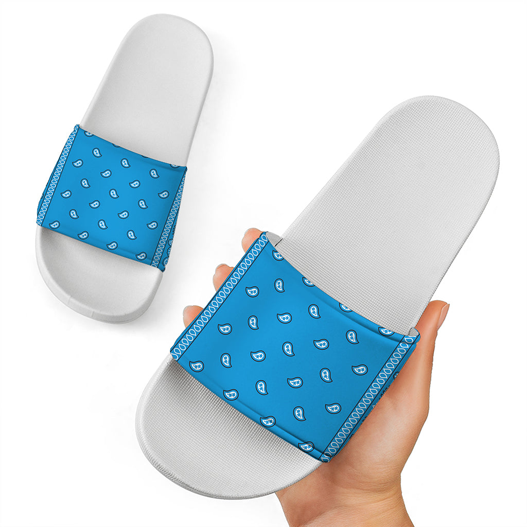 Light Blue Paisley Bandana Print White Slide Sandals