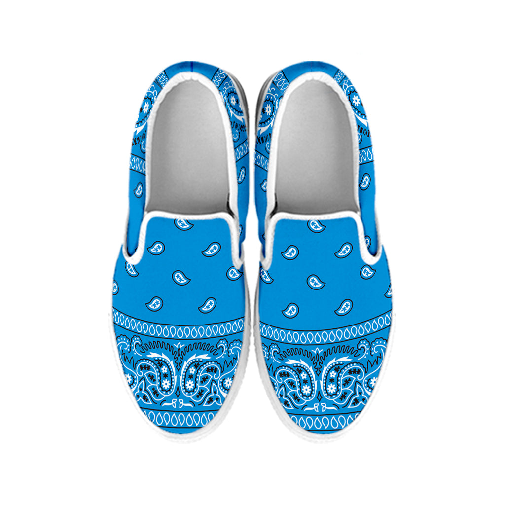 Light Blue Paisley Bandana Print White Slip On Shoes