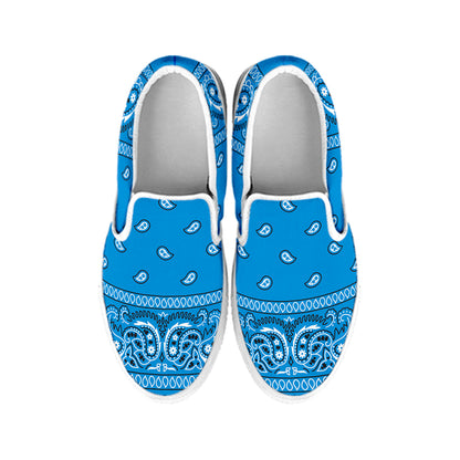 Light Blue Paisley Bandana Print White Slip On Shoes