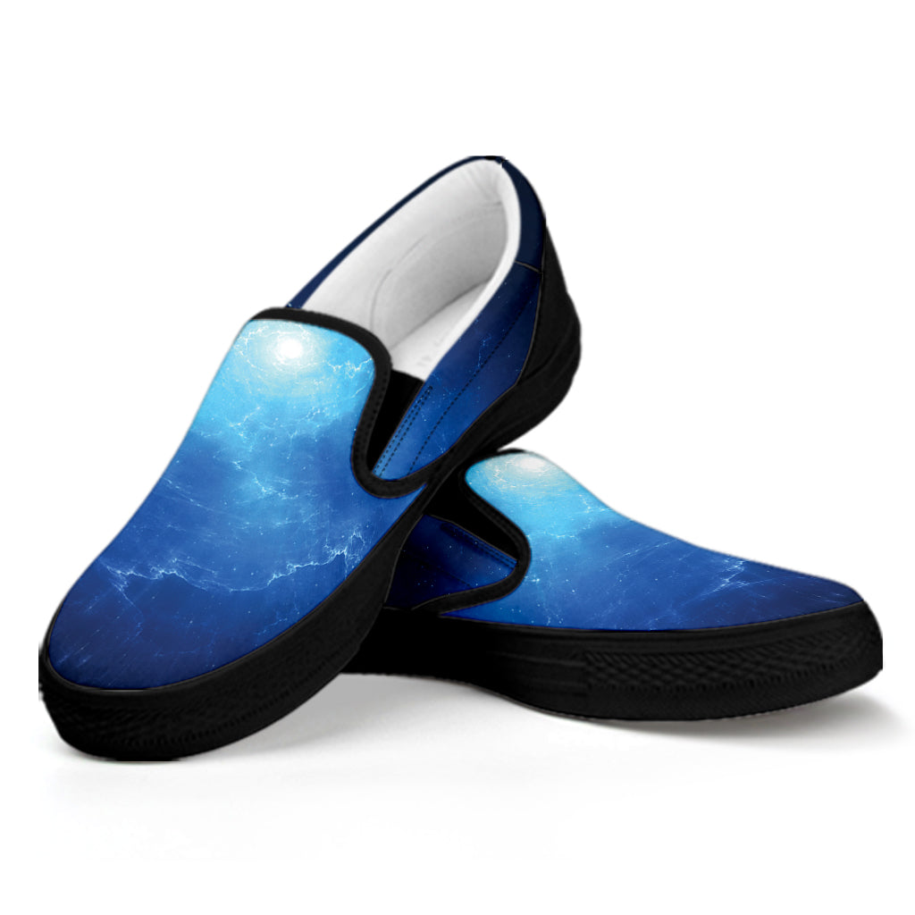 Light Blue Space Print Black Slip On Shoes