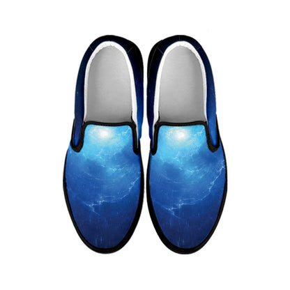 Light Blue Space Print Black Slip On Shoes