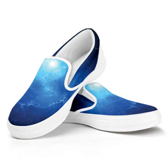 Light Blue Space Print White Slip On Shoes