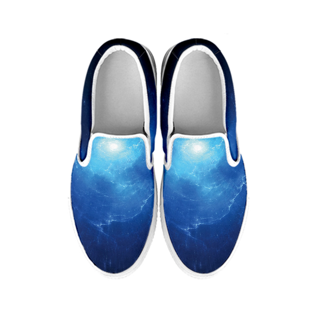 Light Blue Space Print White Slip On Shoes