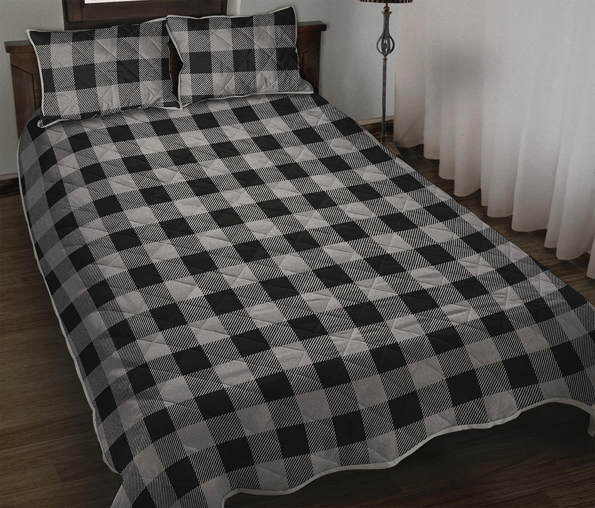 Light Grey And Black Buffalo Check Print Quilt Bed Set