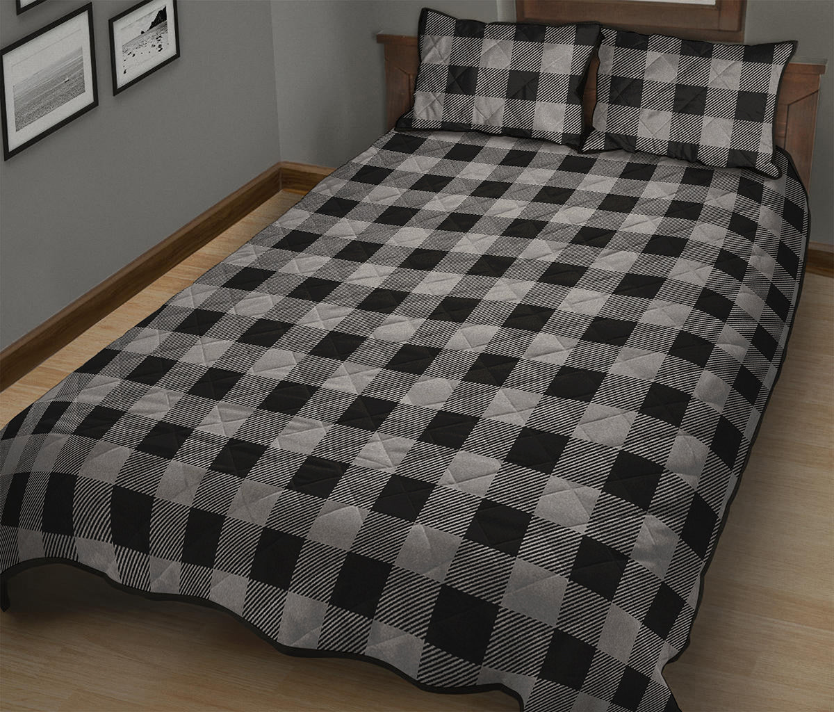 Light Grey And Black Buffalo Check Print Quilt Bed Set