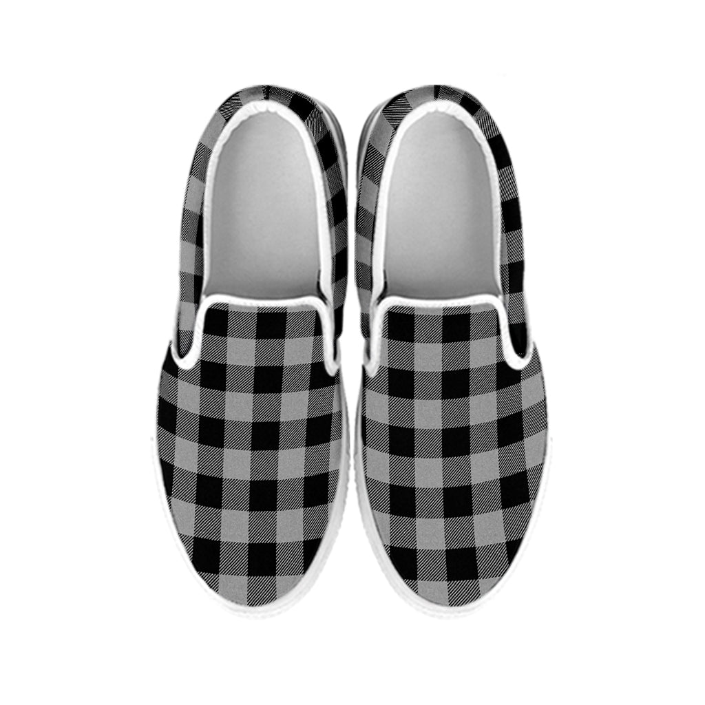 Light Grey And Black Buffalo Check Print White Slip On Shoes