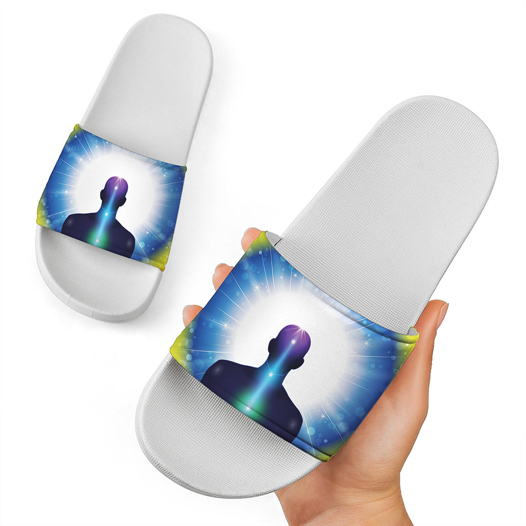 Light Of Seven Chakras Print White Slide Sandals