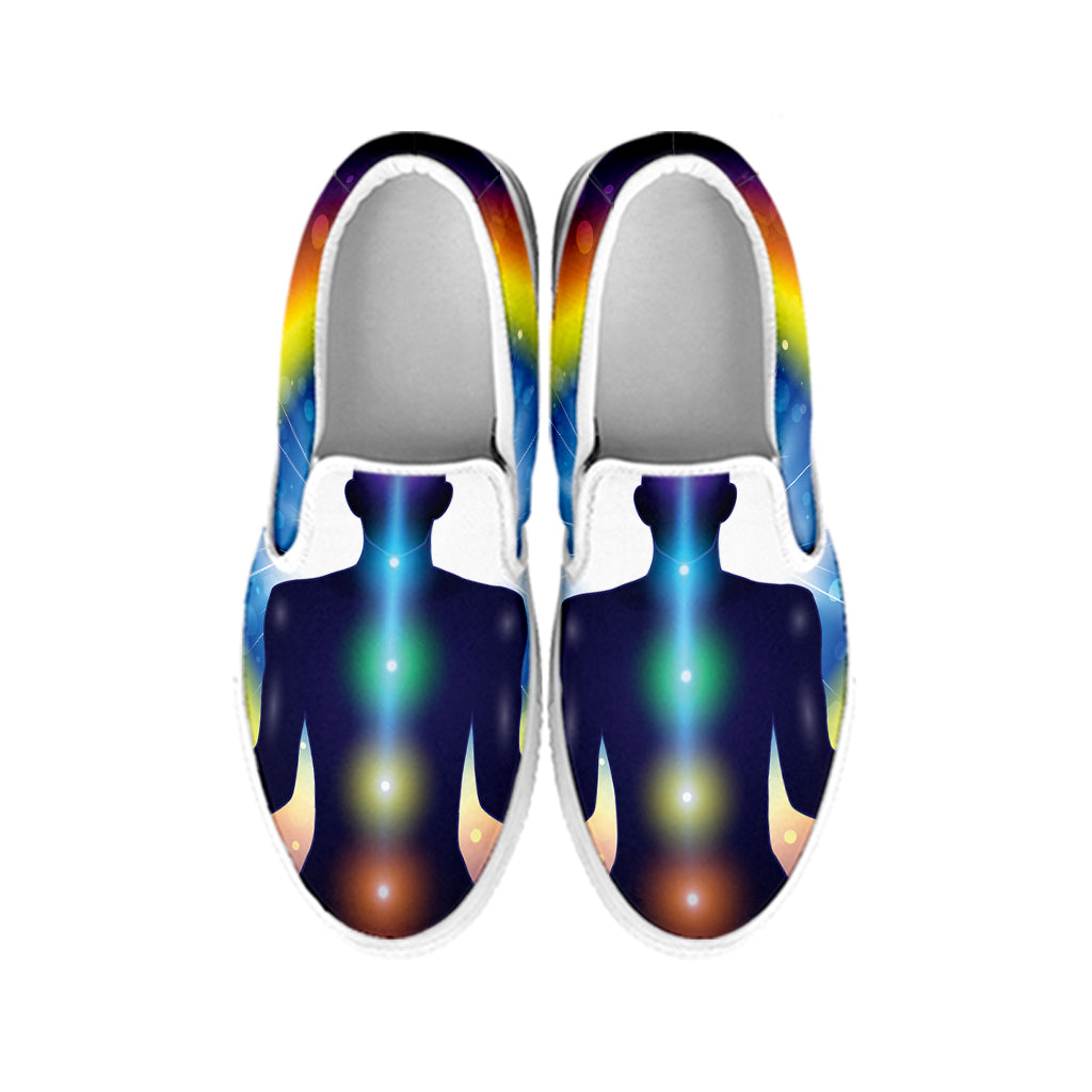 Light Of Seven Chakras Print White Slip On Shoes