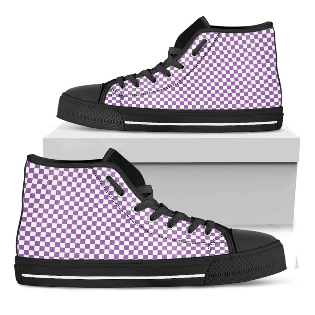 Light Purple And White Checkered Print Black High Top Shoes