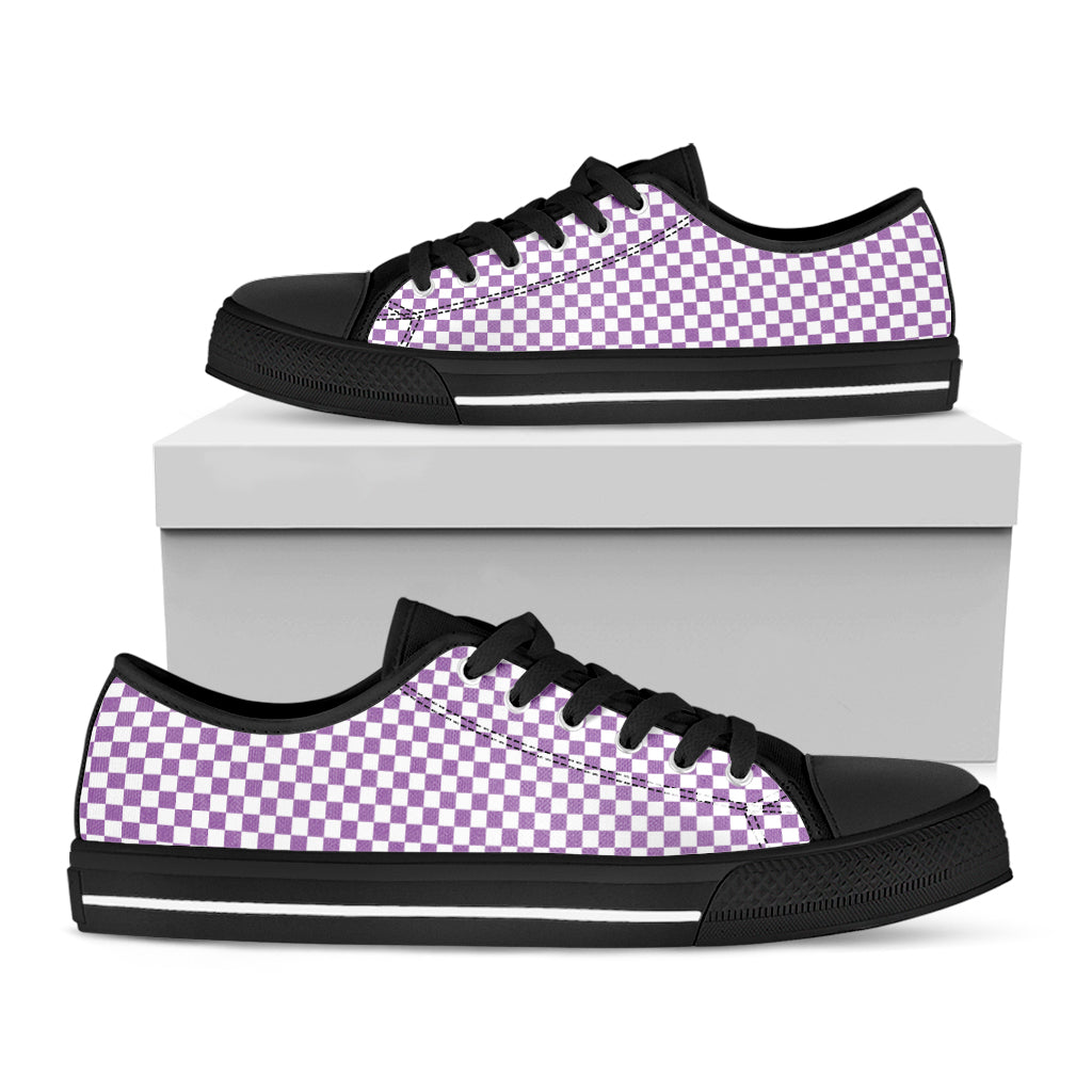 Light Purple And White Checkered Print Black Low Top Shoes