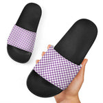 Light Purple And White Checkered Print Black Slide Sandals