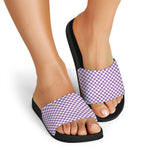 Light Purple And White Checkered Print Black Slide Sandals