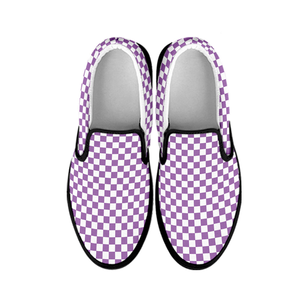 Light Purple And White Checkered Print Black Slip On Shoes