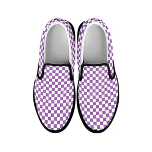 Light Purple And White Checkered Print Black Slip On Shoes