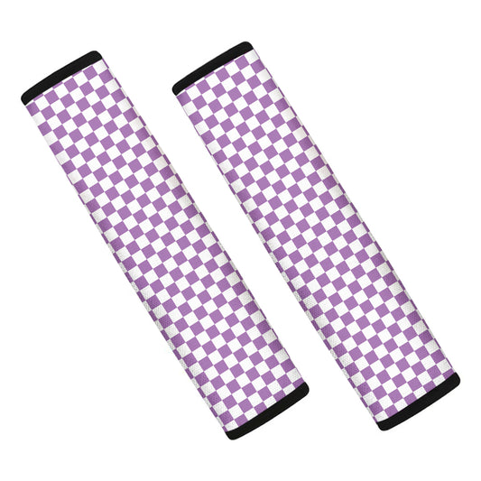 Light Purple And White Checkered Print Car Seat Belt Covers