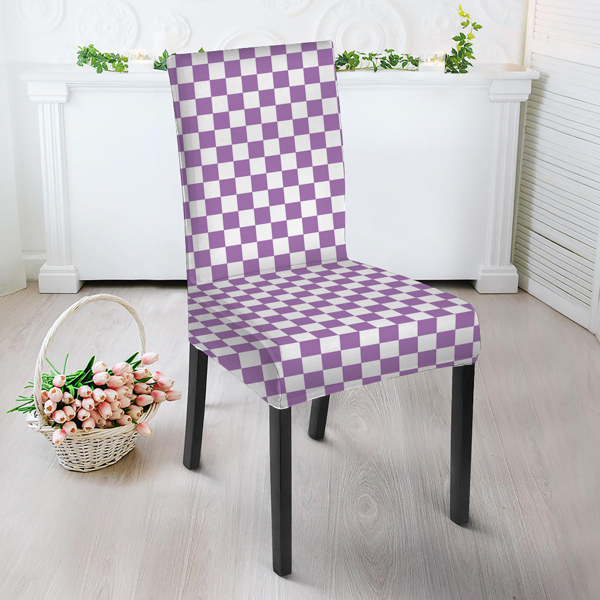 Light Purple And White Checkered Print Dining Chair Slipcover