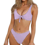 Light Purple And White Checkered Print Front Bow Tie Bikini