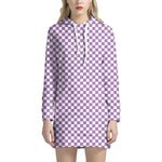 Light Purple And White Checkered Print Hoodie Dress
