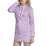 Light Purple And White Checkered Print Hoodie Dress