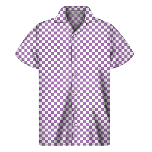 Light Purple And White Checkered Print Men's Short Sleeve Shirt