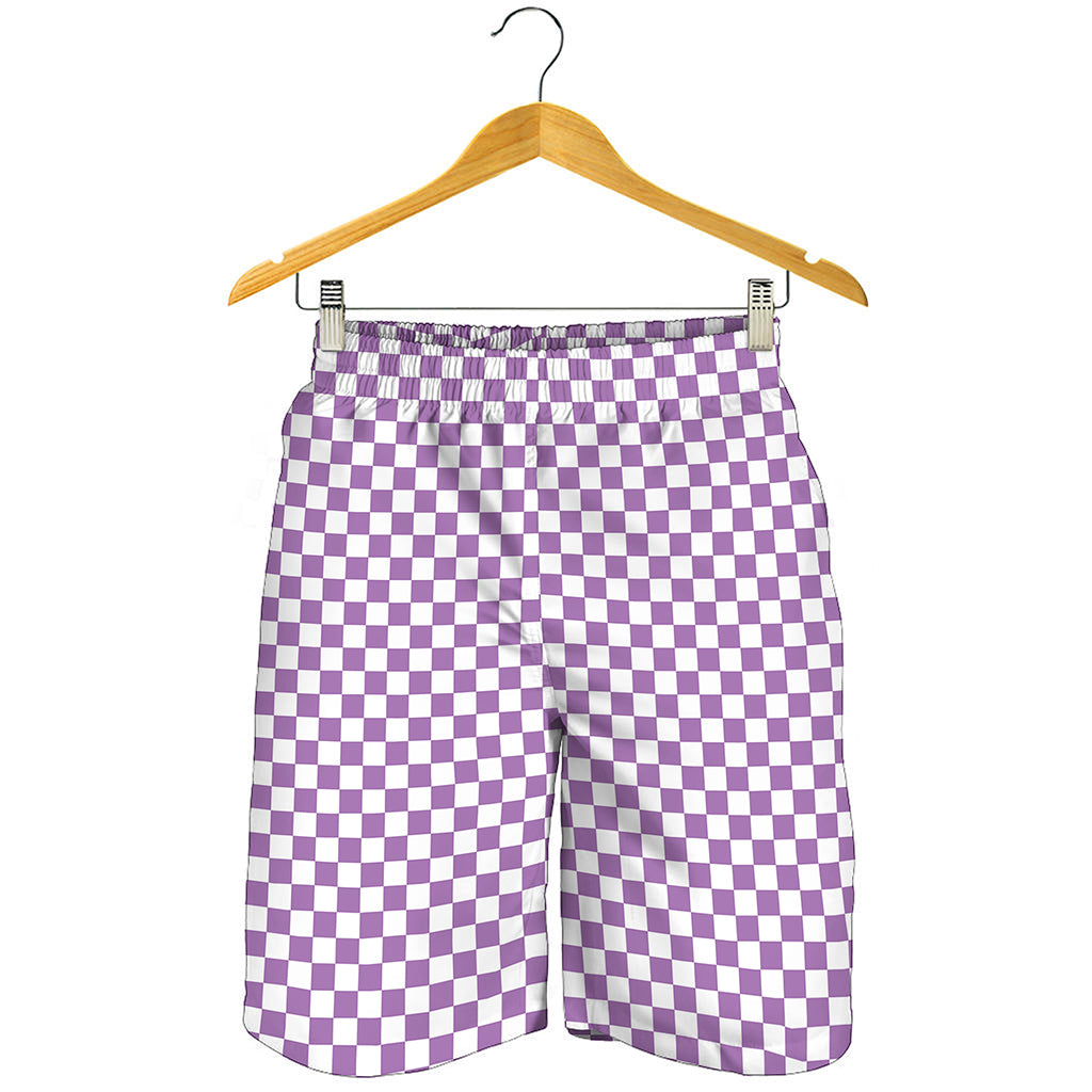 Light Purple And White Checkered Print Men's Shorts