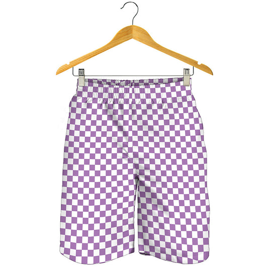 Light Purple And White Checkered Print Men's Shorts