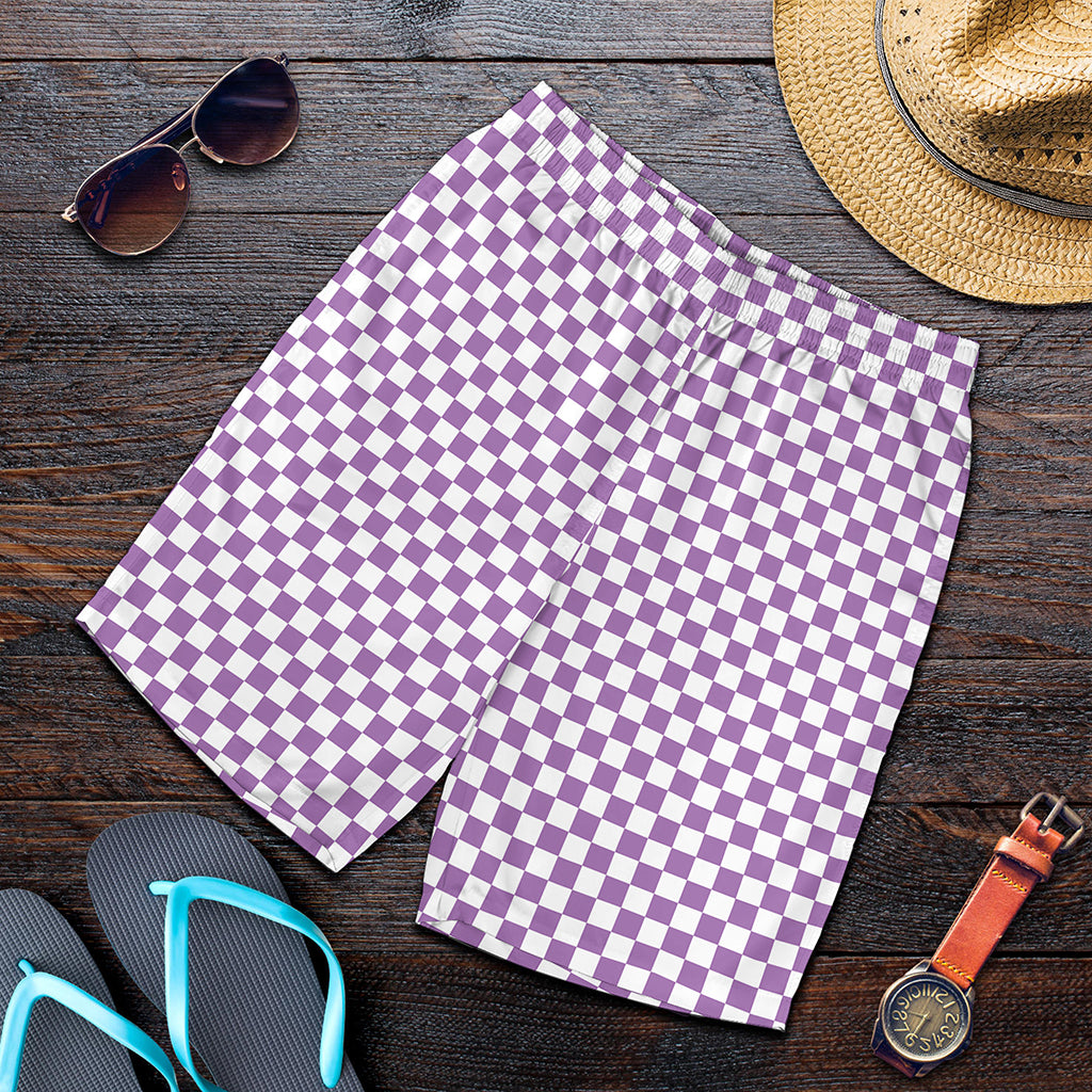 Light Purple And White Checkered Print Men's Shorts