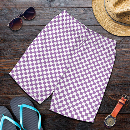 Light Purple And White Checkered Print Men's Shorts