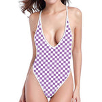 Light Purple And White Checkered Print One Piece High Cut Swimsuit