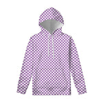 Light Purple And White Checkered Print Pullover Hoodie