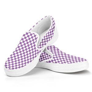 Light Purple And White Checkered Print White Slip On Shoes