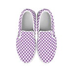 Light Purple And White Checkered Print White Slip On Shoes