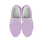 Light Purple And White Checkered Print White Slip On Shoes