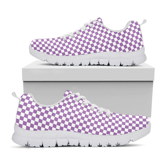 Light Purple And White Checkered Print White Sneakers