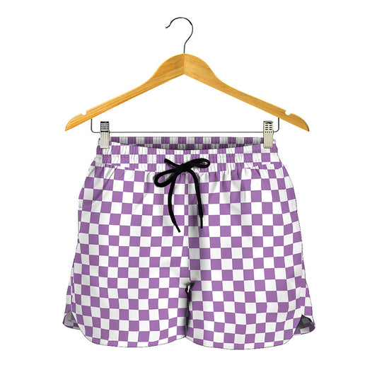 Light Purple And White Checkered Print Women's Shorts