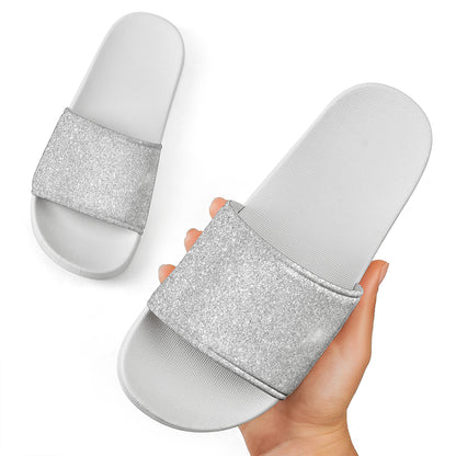 Light Silver Glitter Artwork Print (NOT Real Glitter) White Slide Sandals