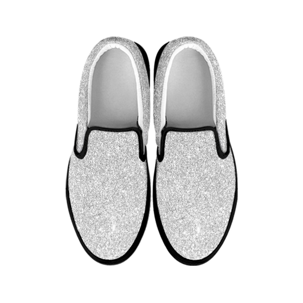 Light Silver Glitter Texture Print Black Slip On Shoes