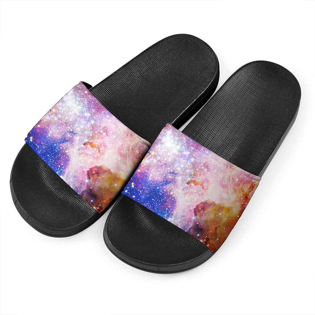 Light Stardust Galaxy Deep Space Print Black Slide Sandals