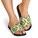 Light Tropical Leaf Pattern Print Black Slide Sandals