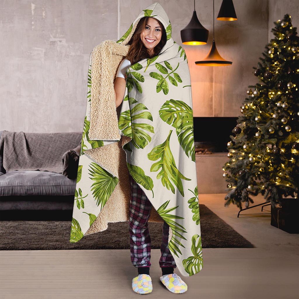 Light Tropical Leaf Pattern Print Hooded Blanket