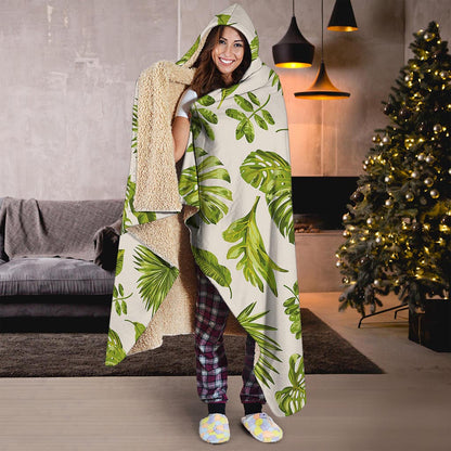 Light Tropical Leaf Pattern Print Hooded Blanket